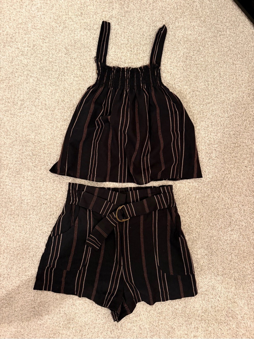 Buckle Black Tank Top and Striped Belted Short Set